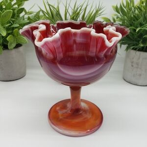 Imperial Glass Vintage Ruby Red Orange White Swirl Ruffle Slag Art Glass Compote